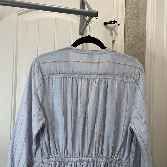 Old Navy Striped Light Blue Button Up Linen Blend Dress Coastal Beachy Womens L - Picture 7 of 11